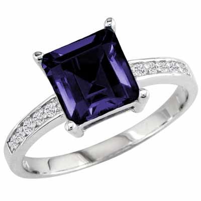 18K White Gold Square Created Blue Sapphire and Round Diamond Ring