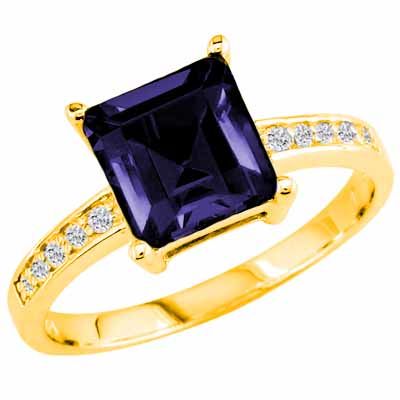 18K Yellow Gold Square Created Blue Sapphire and Round Diamond Ring