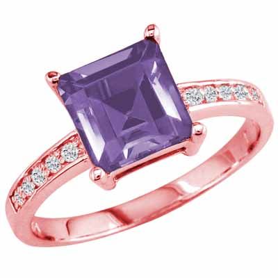 10K Rose Gold Square Created Tanzanite and Round Diamond Ring