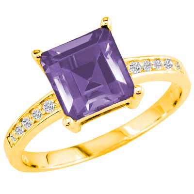 18K Yellow Gold Square Created Tanzanite and Round Diamond Ring