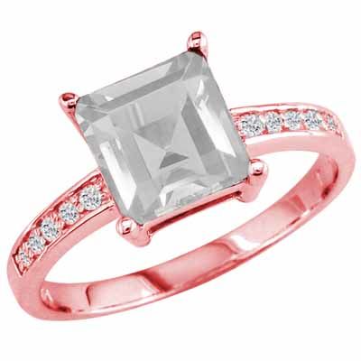 14K Rose Gold Square White Quartz and Round Diamond Ring