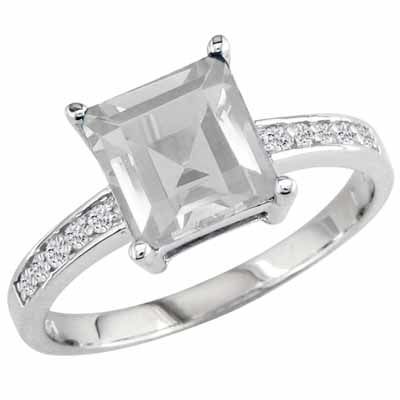 10K White Gold Square White Quartz and Round Diamond Ring