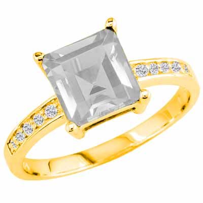 14K Yellow Gold Square White Quartz and Round Diamond Ring