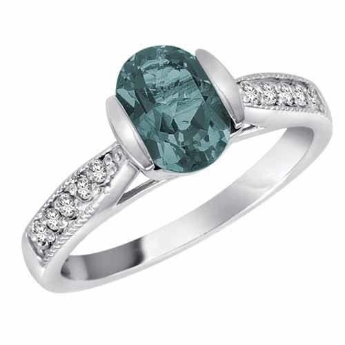 10K White Gold Round Oval Aquamarine and Diamond Ring