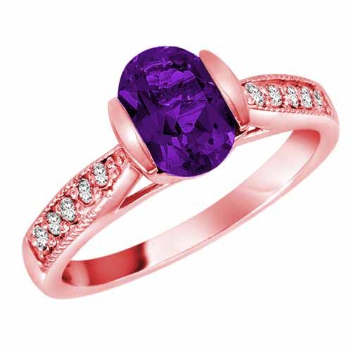 18K Rose Gold Round Oval Amethyst and Diamond Ring
