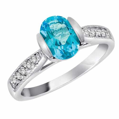 Sterling Silver Round Oval Blue Topaz and Diamond Ring