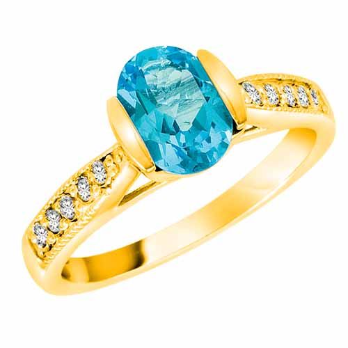 18K Yellow Gold Round Oval Blue Topaz and Diamond Ring