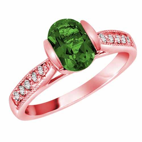 18K Rose Gold Round Oval Created Emerald and Diamond Ring
