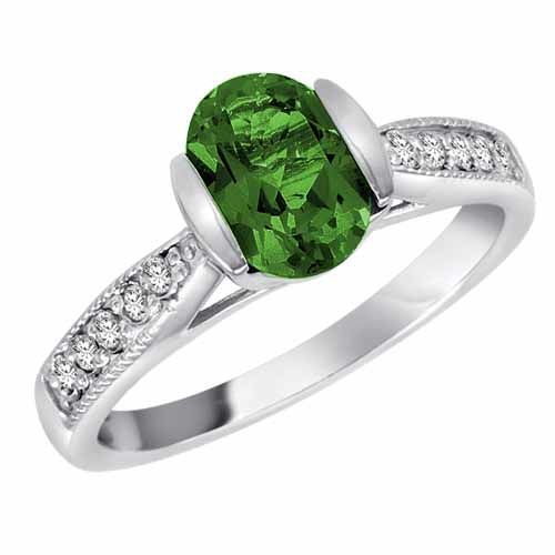 Sterling Silver Round Oval Created Emerald and Diamond Ring