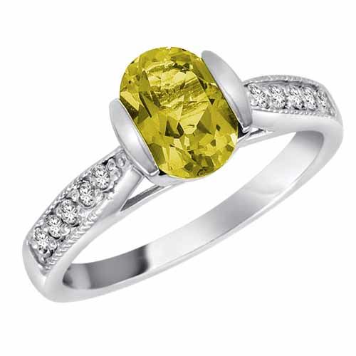 10K White Gold Round Oval Lemon Quartz and Diamond Ring
