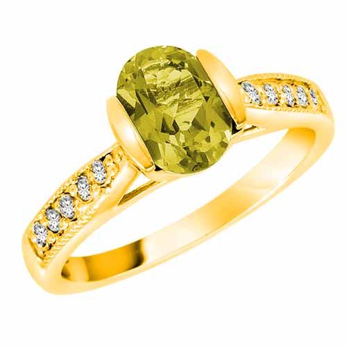 14K Yellow Gold Round Oval Lemon Quartz and Diamond Ring