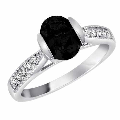 10K White Gold Round Oval Onyx and Diamond Ring