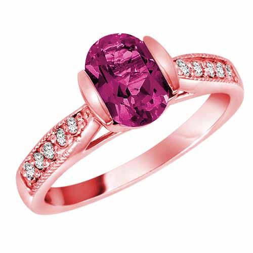 18K Rose Gold Round Oval Created Pink Sapphire and Diamond Ring