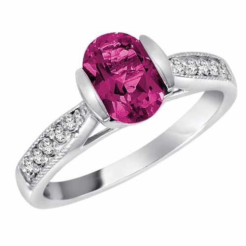 10K White Gold Round Oval Pink Topaz and Diamond Ring