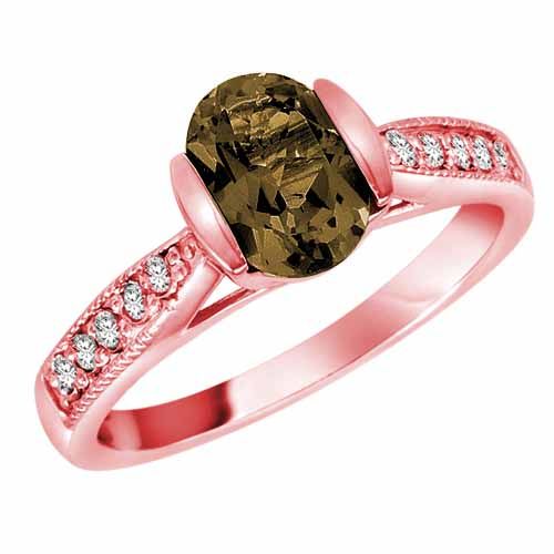 14K Rose Gold Round Oval Smoky Quartz and Diamond Ring