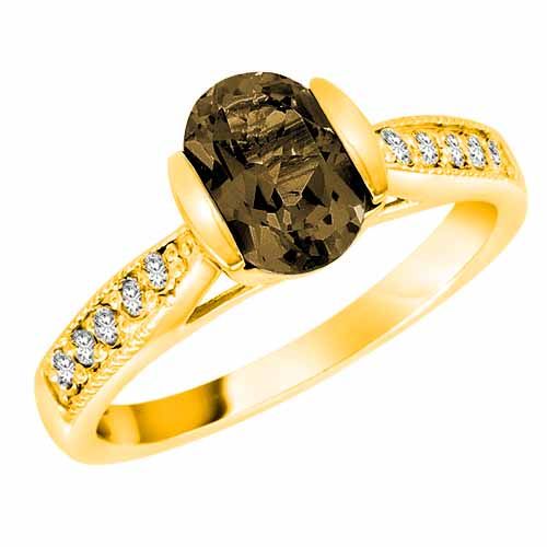 10K Yellow Gold Round Oval Smoky Quartz and Diamond Ring