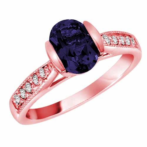 14K Rose Gold Round Oval Blue Sapphire and Diamond Ring
