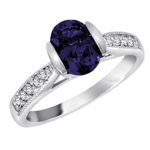 10K White Gold Round Oval Blue Sapphire and Diamond Ring