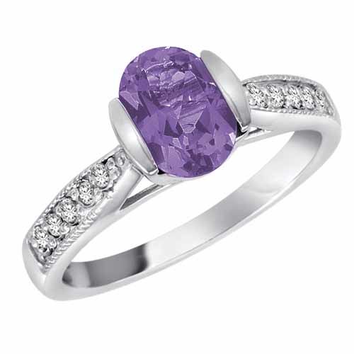 Platinum Round Oval Created Tanzanite and Diamond Ring