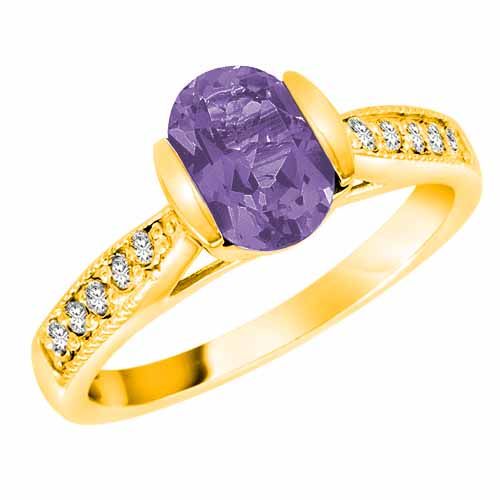 18K Yellow Gold Round Oval Created Tanzanite and Diamond Ring