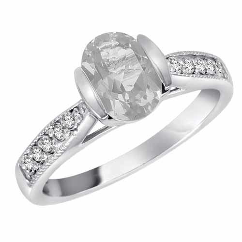 14K White Gold Round Oval White Quartz and Diamond Ring