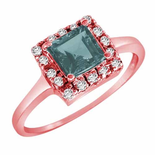 10K Rose Gold Round Square Aquamarine and Diamond Ring