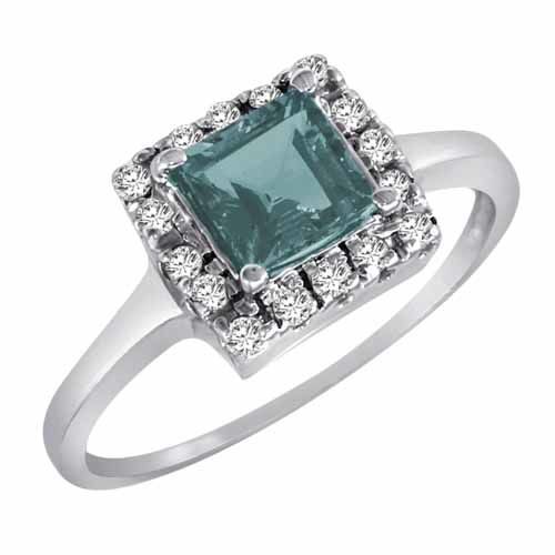 10K White Gold Round Square Aquamarine and Diamond Ring