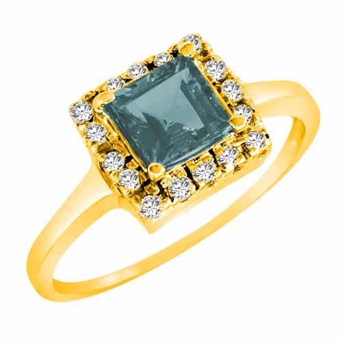18K Yellow Gold Round Square Aquamarine and Diamond Ring