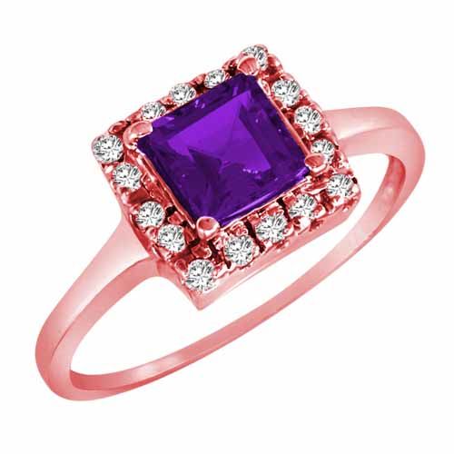 14K Rose Gold Round Square Amethyst and Diamond Ring