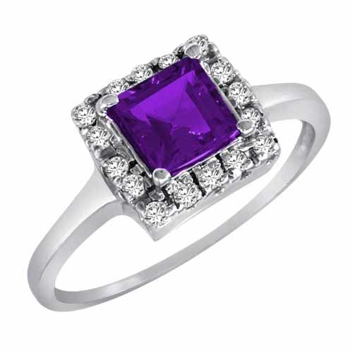 Sterling Silver Round Square Amethyst and Diamond Ring
