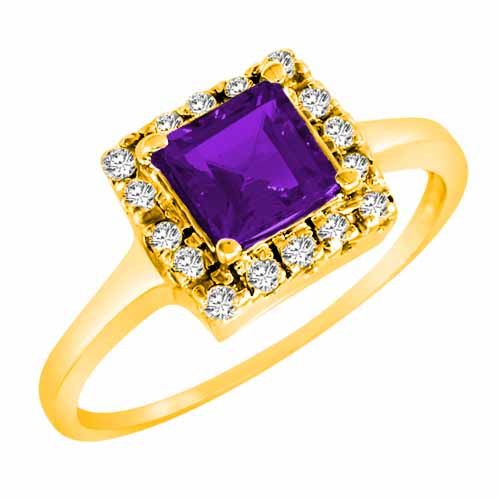 10K Yellow Gold Round Square Amethyst and Diamond Ring
