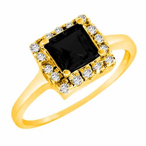 14K Yellow Gold Round Square Created Black Diamond and Diamond Ring