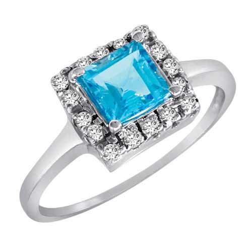 14K White Gold Round Square Blue Topaz and Diamond Ring