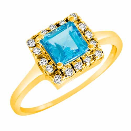 14K Yellow Gold Round Square Blue Topaz and Diamond Ring