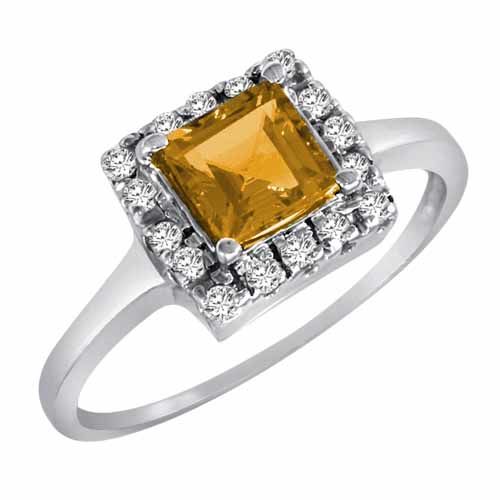 14K White Gold Round Square Citrine and Diamond Ring