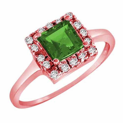 10K Rose Gold Round Square Created Emerald and Diamond Ring