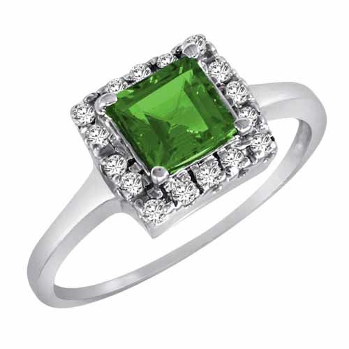 Sterling Silver Round Square Created Emerald and Diamond Ring