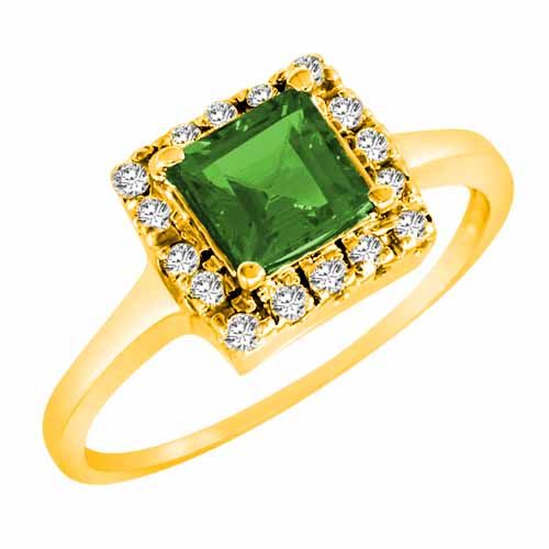 14K Yellow Gold Round Square Created Emerald and Diamond Ring