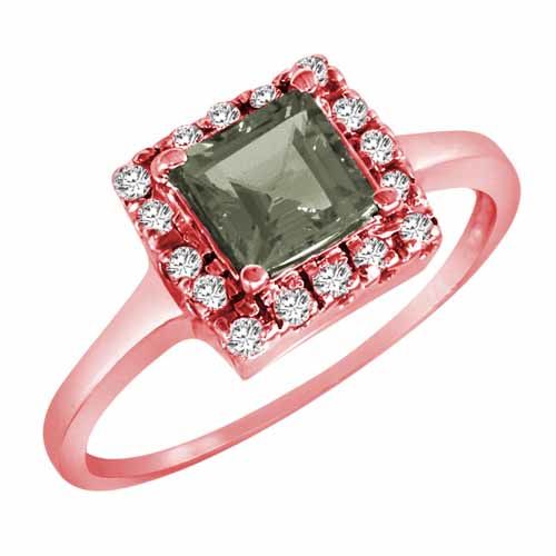 14K Rose Gold Round Square Green Amethyst and Diamond Ring