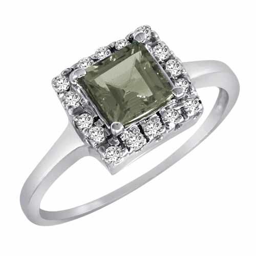 Platinum Round Square Green Amethyst and Diamond Ring