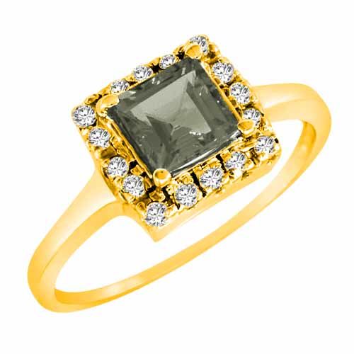 18K Yellow Gold Round Square Green Amethyst and Diamond Ring