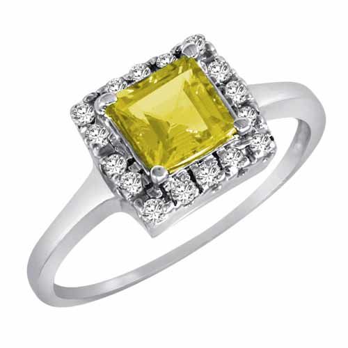 Sterling Silver Round Square Lemon Quartz and Diamond Ring