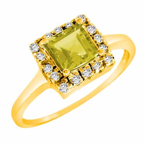 18K Yellow Gold Round Square Lemon Quartz and Diamond Ring