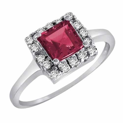 18K White Gold Round Square Created Pink Tourmaline and Diamond Ring