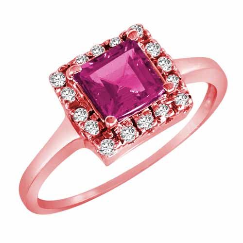 18K Rose Gold Round Square Created Pink Sapphire and Diamond Ring