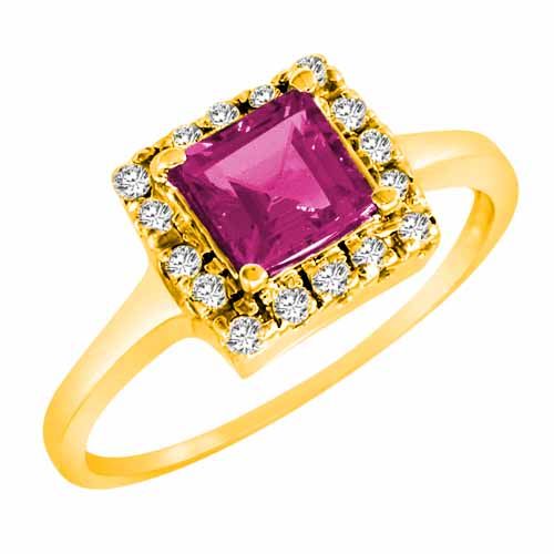 14K Yellow Gold Round Square Created Pink Sapphire and Diamond Ring