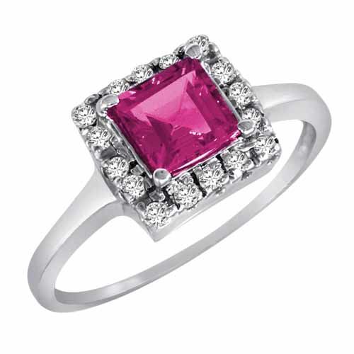 Sterling Silver Round Square Pink Topaz and Diamond Ring