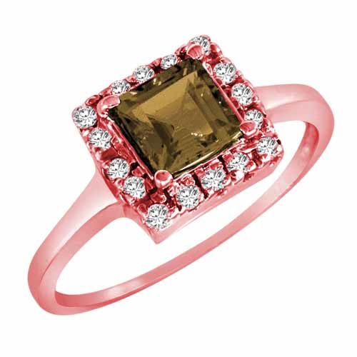 14K Rose Gold Round Square Smoky Quartz and Diamond Ring