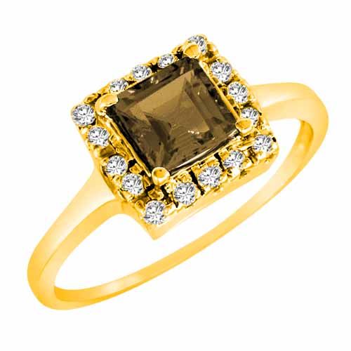 14K Yellow Gold Round Square Smoky Quartz and Diamond Ring