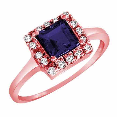 10K Rose Gold Round Square Created Blue Sapphire and Diamond Ring